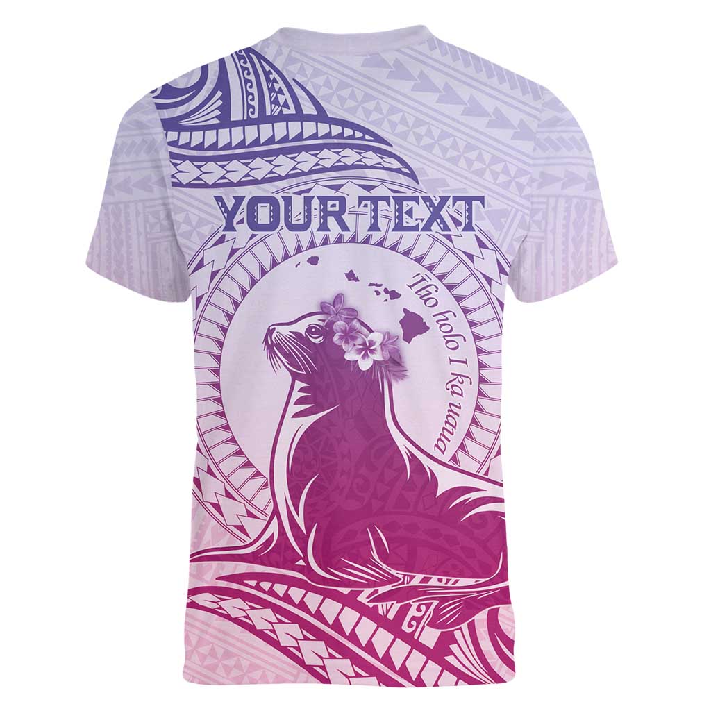 Personalised Hawaii Monk Seal Women V-Neck T-Shirt Polynesian Tattoo With Tropical Flowers - Purple Gradient