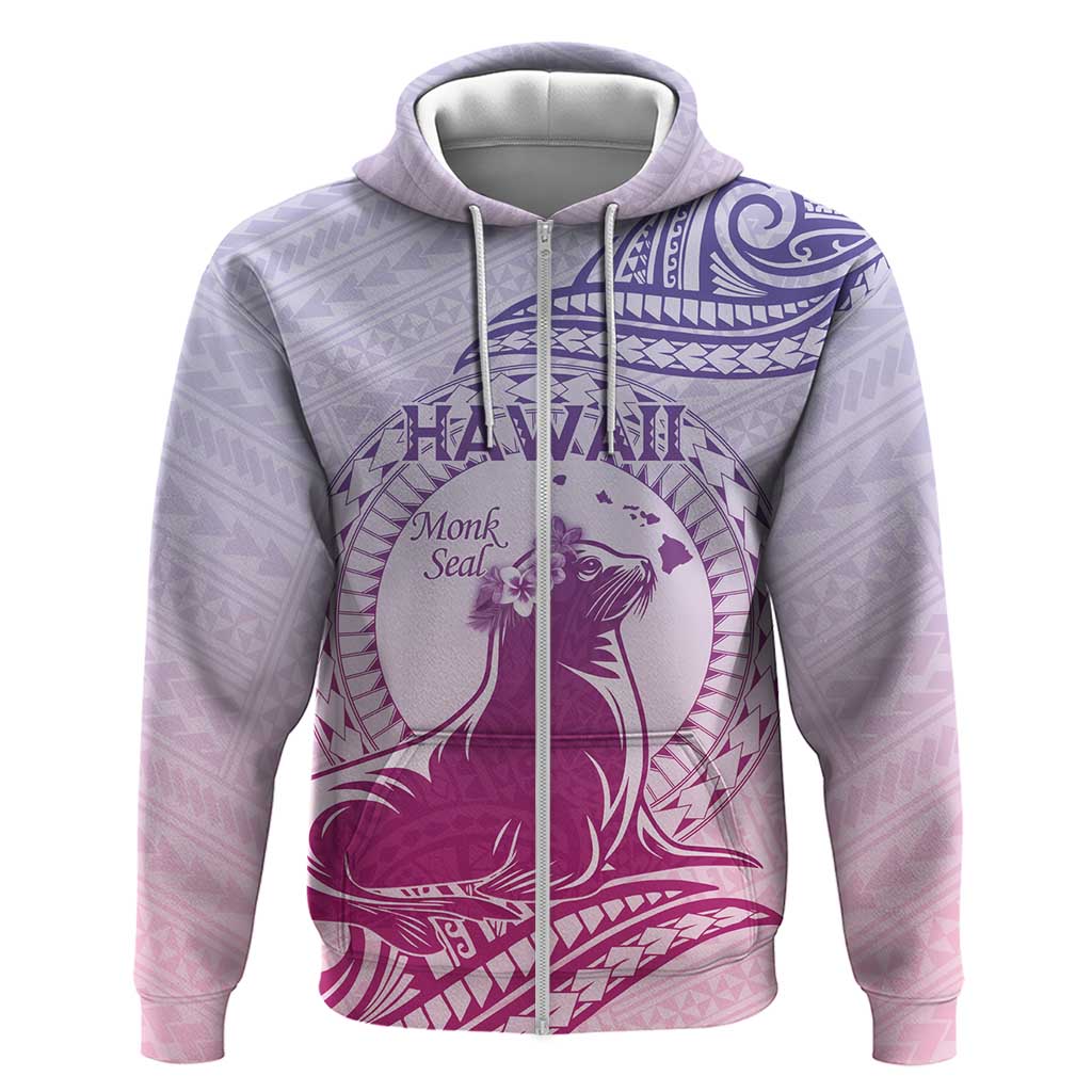 Personalised Hawaii Monk Seal Zip Hoodie Polynesian Tattoo With Tropical Flowers - Purple Gradient