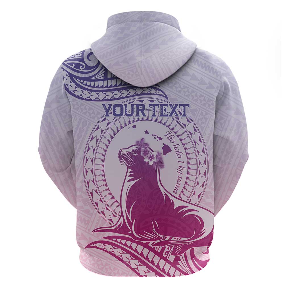 Personalised Hawaii Monk Seal Zip Hoodie Polynesian Tattoo With Tropical Flowers - Purple Gradient