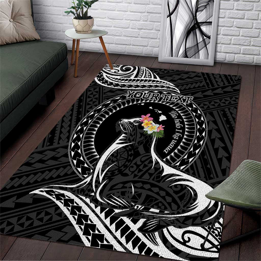 Personalised Hawaii Monk Seal Area Rug Polynesian Tattoo With Tropical Flowers - Black