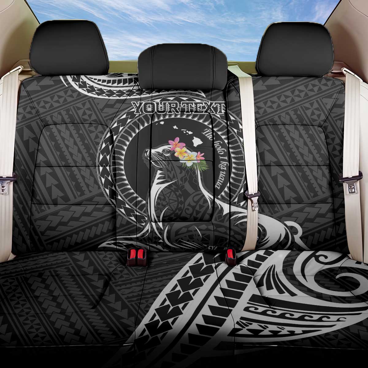 Personalised Hawaii Monk Seal Back Car Seat Cover Polynesian Tattoo With Tropical Flowers - Black