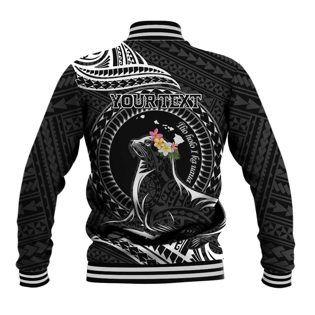 Personalised Hawaii Monk Seal Baseball Jacket Polynesian Tattoo With Tropical Flowers - Black LT14 - Polynesian Pride