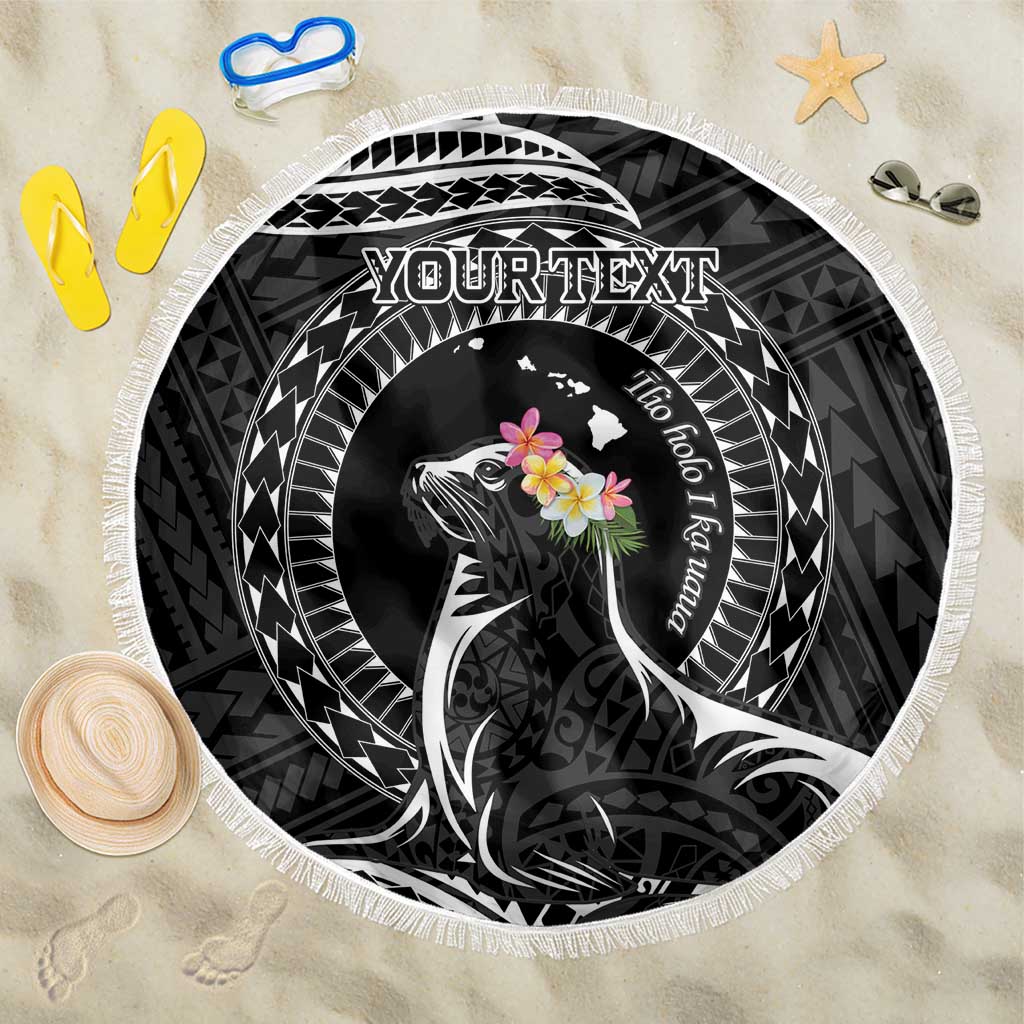 Personalised Hawaii Monk Seal Beach Blanket Polynesian Tattoo With Tropical Flowers - Black