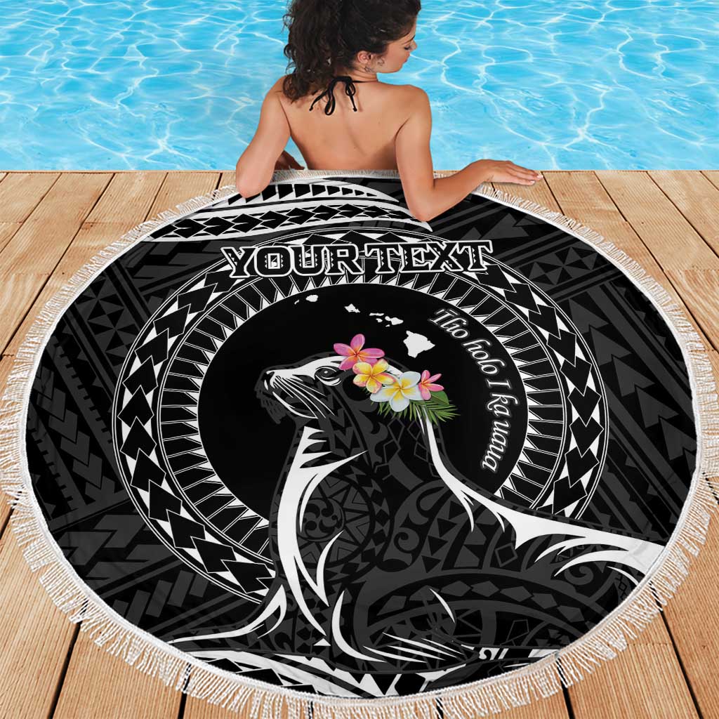 Personalised Hawaii Monk Seal Beach Blanket Polynesian Tattoo With Tropical Flowers - Black LT14 - Polynesian Pride