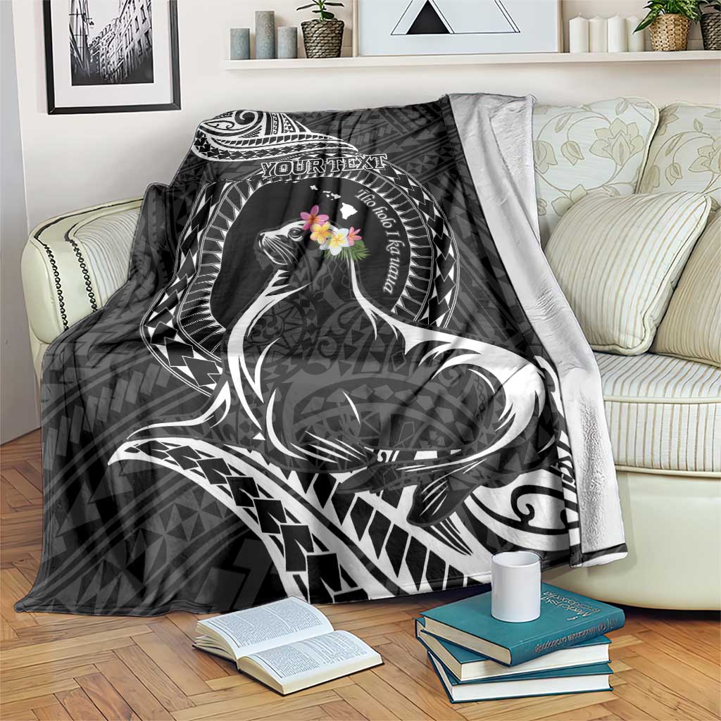 Personalised Hawaii Monk Seal Blanket Polynesian Tattoo With Tropical Flowers - Black