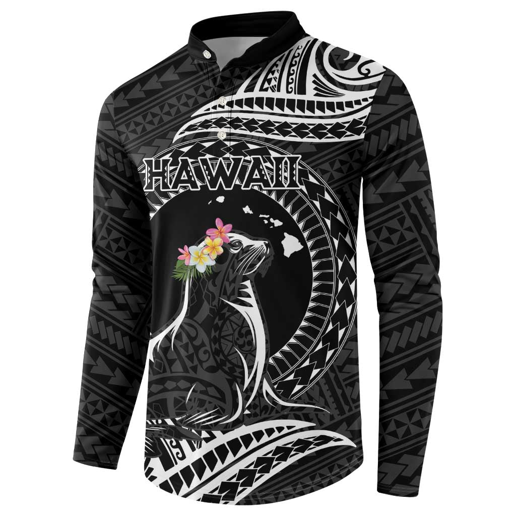 Personalised Hawaii Monk Seal Button Sweatshirt Polynesian Tattoo With Tropical Flowers - Black LT14 - Polynesian Pride