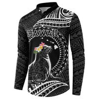 Personalised Hawaii Monk Seal Button Sweatshirt Polynesian Tattoo With Tropical Flowers - Black LT14 - Polynesian Pride