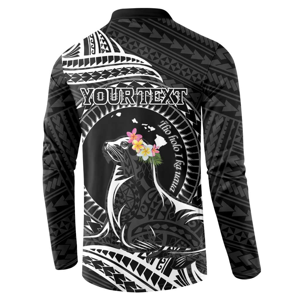 Personalised Hawaii Monk Seal Button Sweatshirt Polynesian Tattoo With Tropical Flowers - Black LT14 - Polynesian Pride