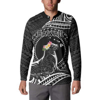 Personalised Hawaii Monk Seal Button Sweatshirt Polynesian Tattoo With Tropical Flowers - Black LT14 - Polynesian Pride