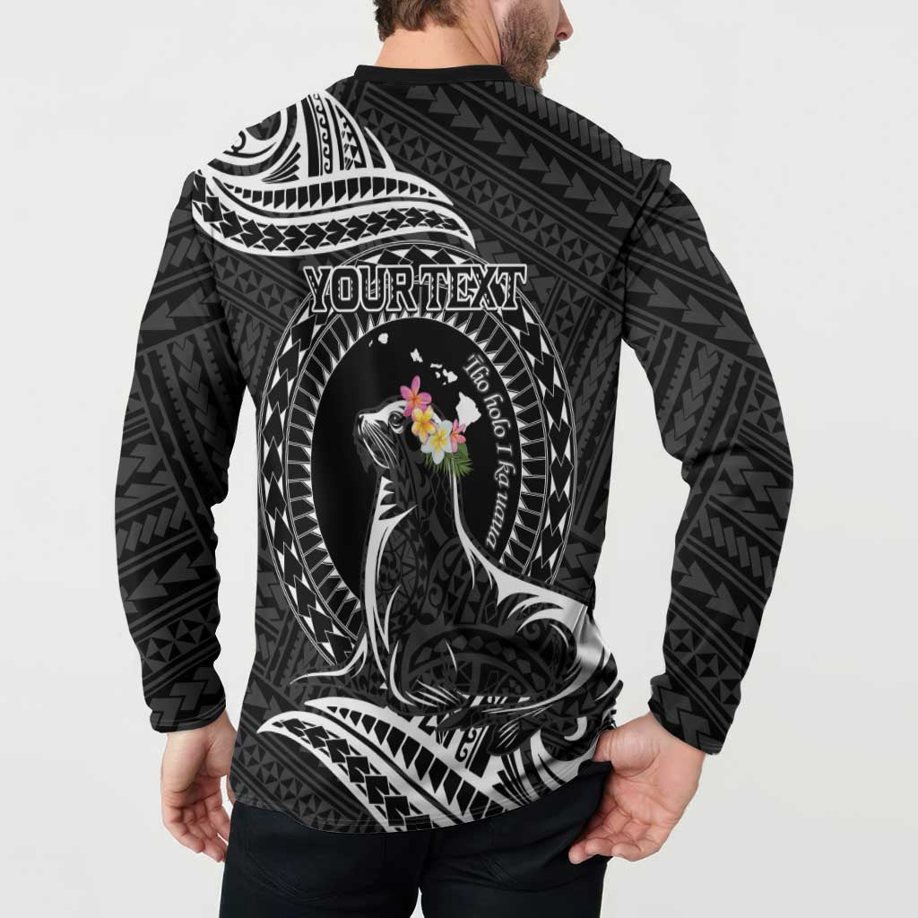 Personalised Hawaii Monk Seal Button Sweatshirt Polynesian Tattoo With Tropical Flowers - Black LT14 - Polynesian Pride