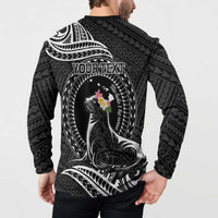 Personalised Hawaii Monk Seal Button Sweatshirt Polynesian Tattoo With Tropical Flowers - Black LT14 - Polynesian Pride