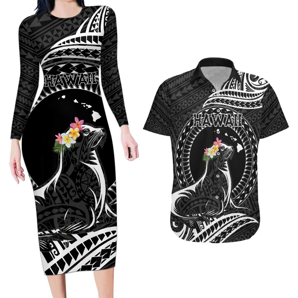 Personalised Hawaii Monk Seal Couples Matching Long Sleeve Bodycon Dress and Hawaiian Shirt Polynesian Tattoo With Tropical Flowers - Black