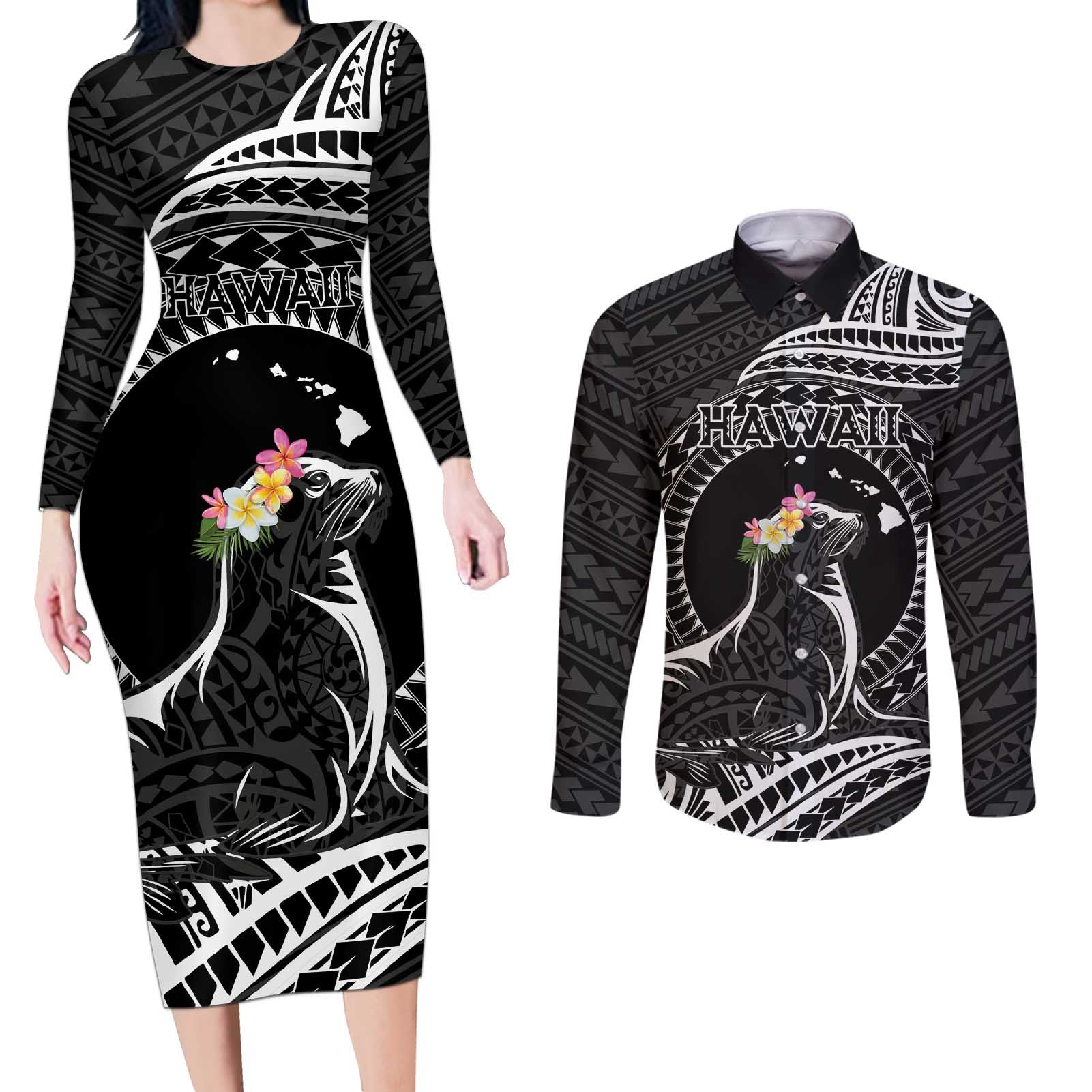 Personalised Hawaii Monk Seal Couples Matching Long Sleeve Bodycon Dress and Long Sleeve Button Shirt Polynesian Tattoo With Tropical Flowers - Black