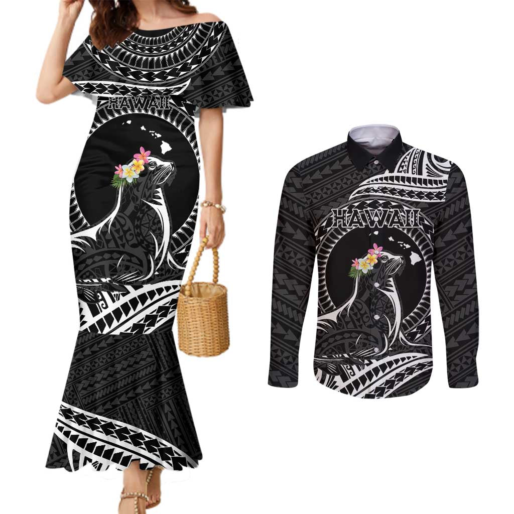 Personalised Hawaii Monk Seal Couples Matching Mermaid Dress and Long Sleeve Button Shirt Polynesian Tattoo With Tropical Flowers - Black LT14 Black - Polynesian Pride