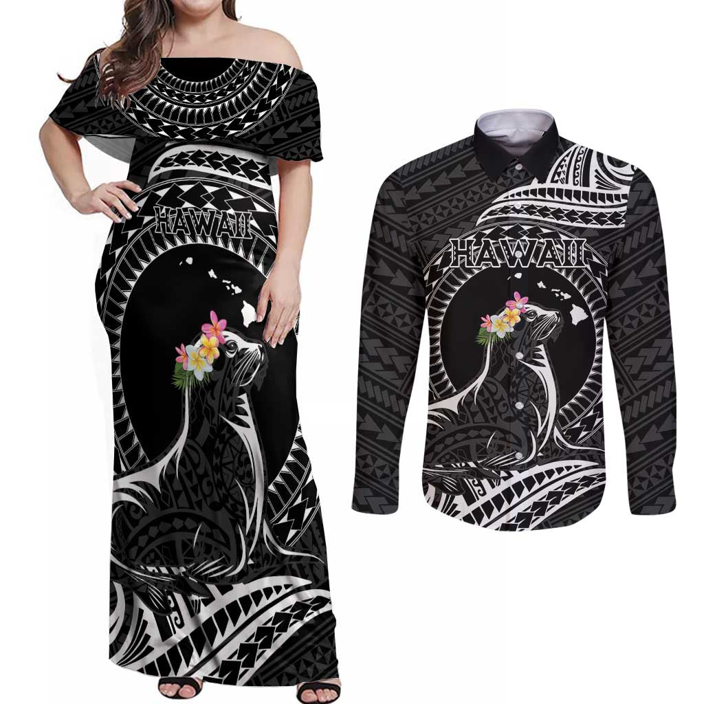 Personalised Hawaii Monk Seal Couples Matching Off Shoulder Maxi Dress and Long Sleeve Button Shirt Polynesian Tattoo With Tropical Flowers - Black