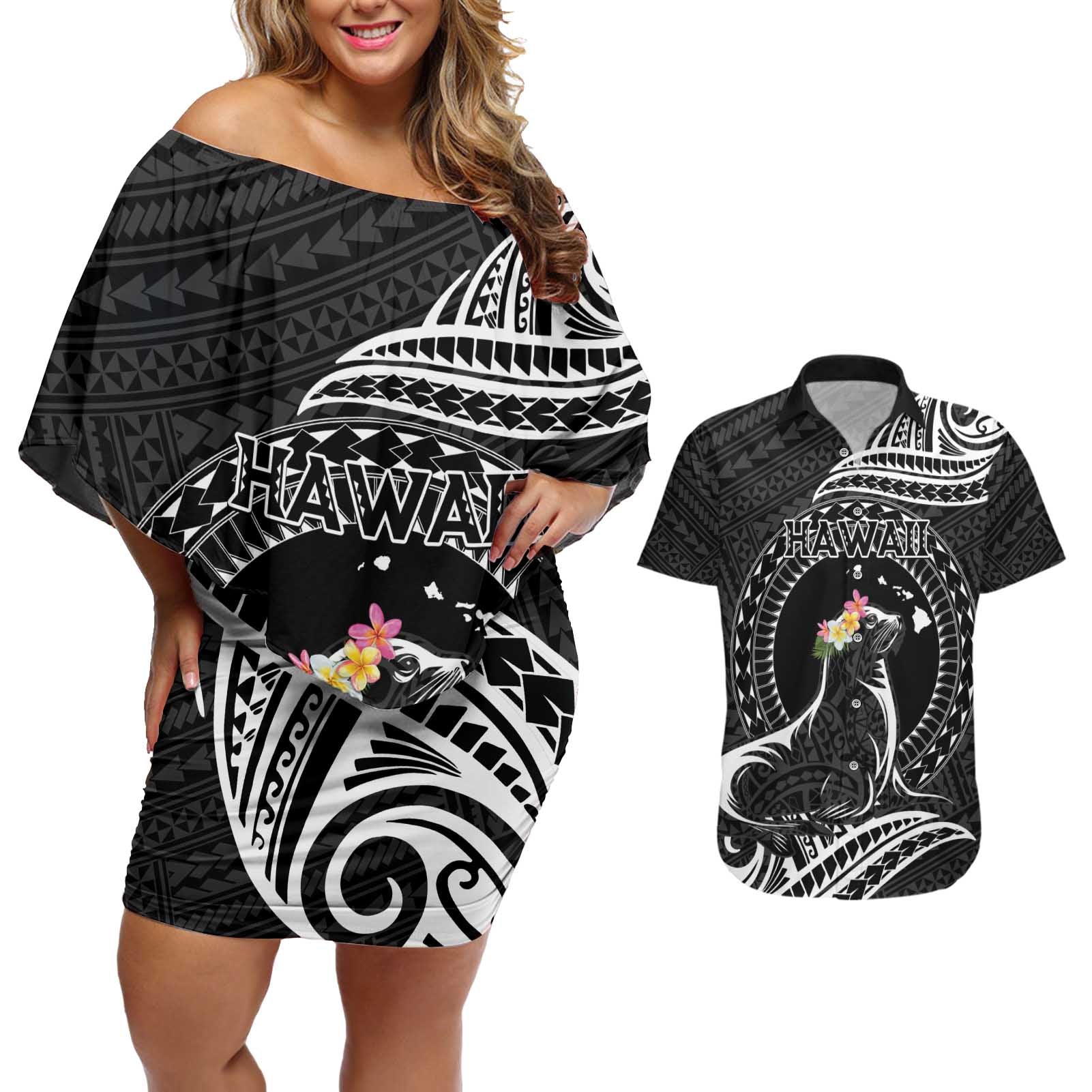 Personalised Hawaii Monk Seal Couples Matching Off Shoulder Short Dress and Hawaiian Shirt Polynesian Tattoo With Tropical Flowers - Black