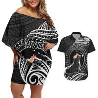 Personalised Hawaii Monk Seal Couples Matching Off Shoulder Short Dress and Hawaiian Shirt Polynesian Tattoo With Tropical Flowers - Black LT14 Black - Polynesian Pride