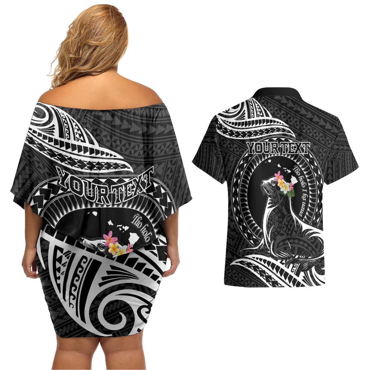 Personalised Hawaii Monk Seal Couples Matching Off Shoulder Short Dress and Hawaiian Shirt Polynesian Tattoo With Tropical Flowers - Black LT14 - Polynesian Pride