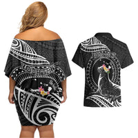 Personalised Hawaii Monk Seal Couples Matching Off Shoulder Short Dress and Hawaiian Shirt Polynesian Tattoo With Tropical Flowers - Black LT14 - Polynesian Pride