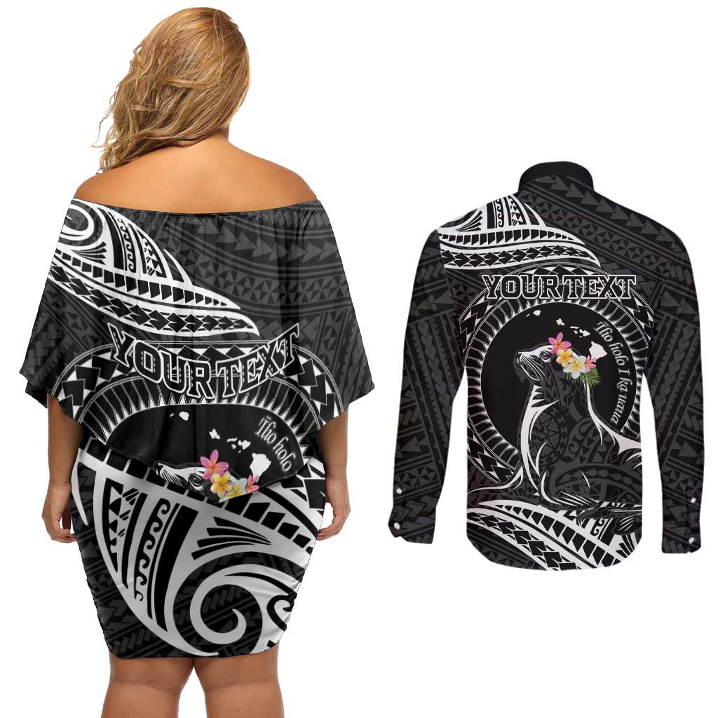 Personalised Hawaii Monk Seal Couples Matching Off Shoulder Short Dress and Long Sleeve Button Shirt Polynesian Tattoo With Tropical Flowers - Black LT14 - Polynesian Pride