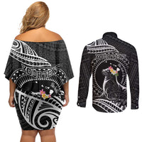 Personalised Hawaii Monk Seal Couples Matching Off Shoulder Short Dress and Long Sleeve Button Shirt Polynesian Tattoo With Tropical Flowers - Black LT14 - Polynesian Pride