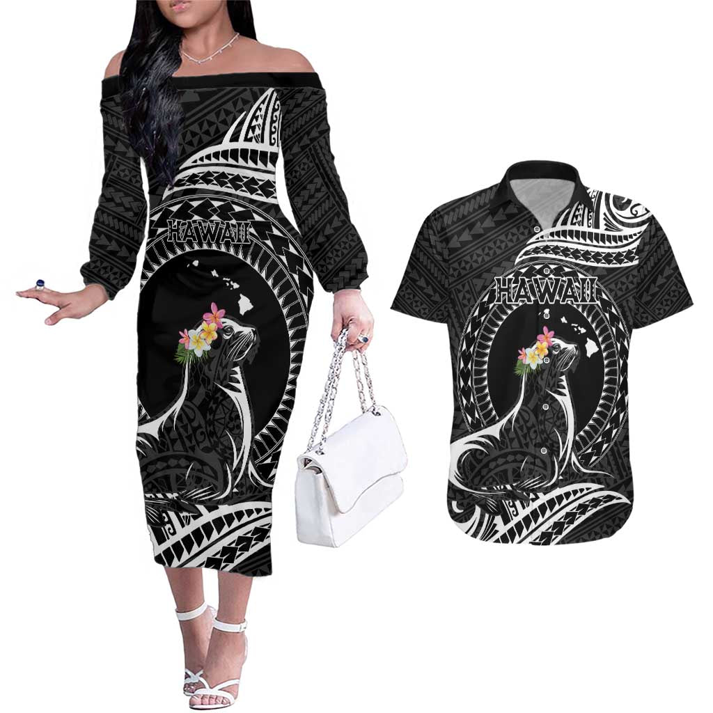 Personalised Hawaii Monk Seal Couples Matching Off The Shoulder Long Sleeve Dress and Hawaiian Shirt Polynesian Tattoo With Tropical Flowers - Black