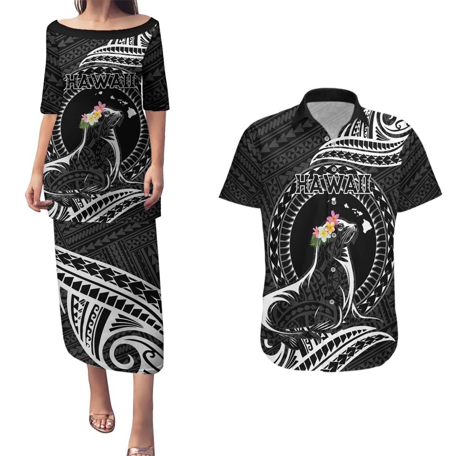 Personalised Hawaii Monk Seal Couples Matching Puletasi and Hawaiian Shirt Polynesian Tattoo With Tropical Flowers - Black LT14 Black - Polynesian Pride