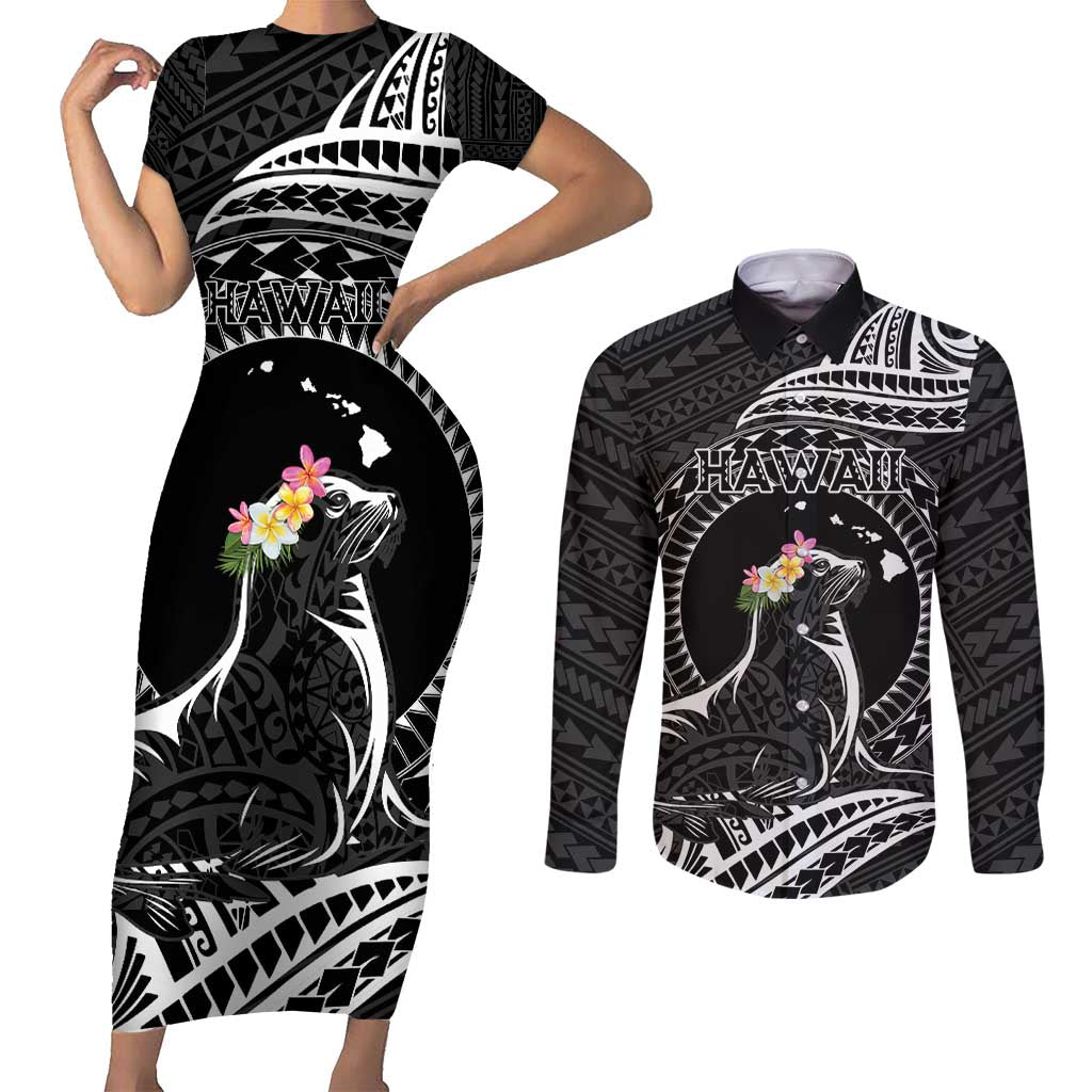 Personalised Hawaii Monk Seal Couples Matching Short Sleeve Bodycon Dress and Long Sleeve Button Shirt Polynesian Tattoo With Tropical Flowers - Black