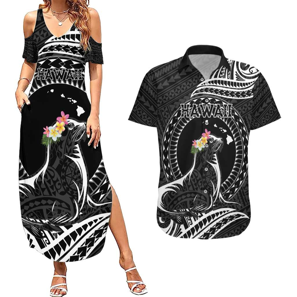 Personalised Hawaii Monk Seal Couples Matching Summer Maxi Dress and Hawaiian Shirt Polynesian Tattoo With Tropical Flowers - Black