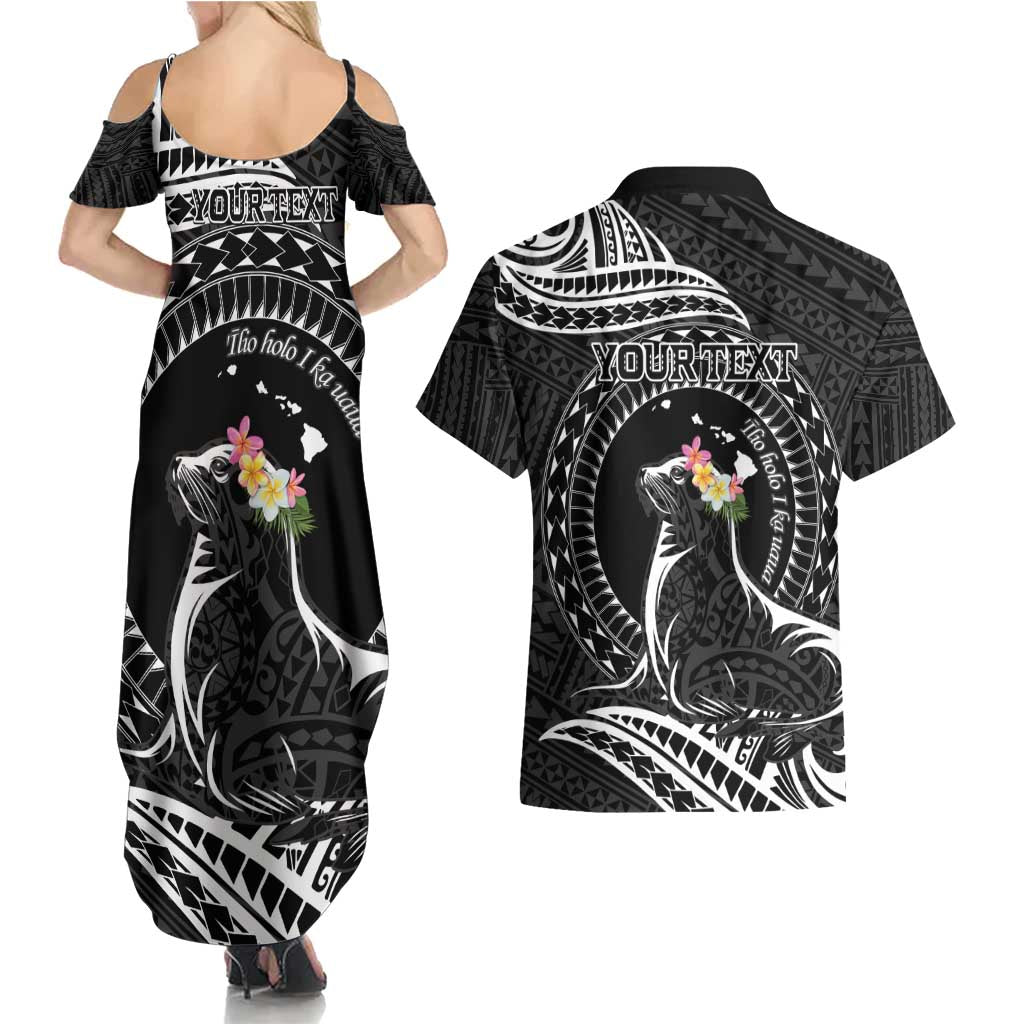 Personalised Hawaii Monk Seal Couples Matching Summer Maxi Dress and Hawaiian Shirt Polynesian Tattoo With Tropical Flowers - Black LT14 - Polynesian Pride