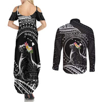 Personalised Hawaii Monk Seal Couples Matching Summer Maxi Dress and Long Sleeve Button Shirt Polynesian Tattoo With Tropical Flowers - Black LT14 - Polynesian Pride