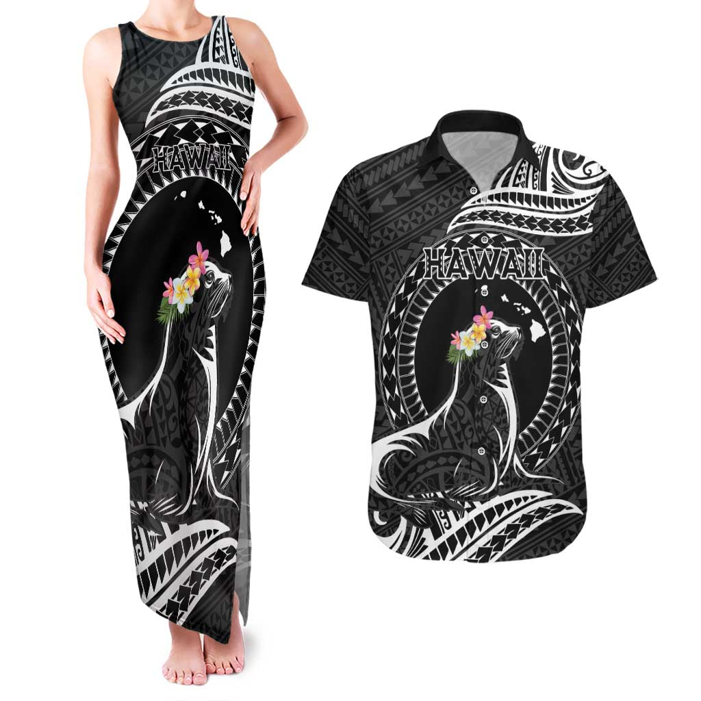 Personalised Hawaii Monk Seal Couples Matching Tank Maxi Dress and Hawaiian Shirt Polynesian Tattoo With Tropical Flowers - Black LT14 Black - Polynesian Pride