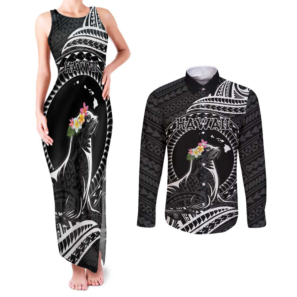 Personalised Hawaii Monk Seal Couples Matching Tank Maxi Dress and Long Sleeve Button Shirt Polynesian Tattoo With Tropical Flowers - Black