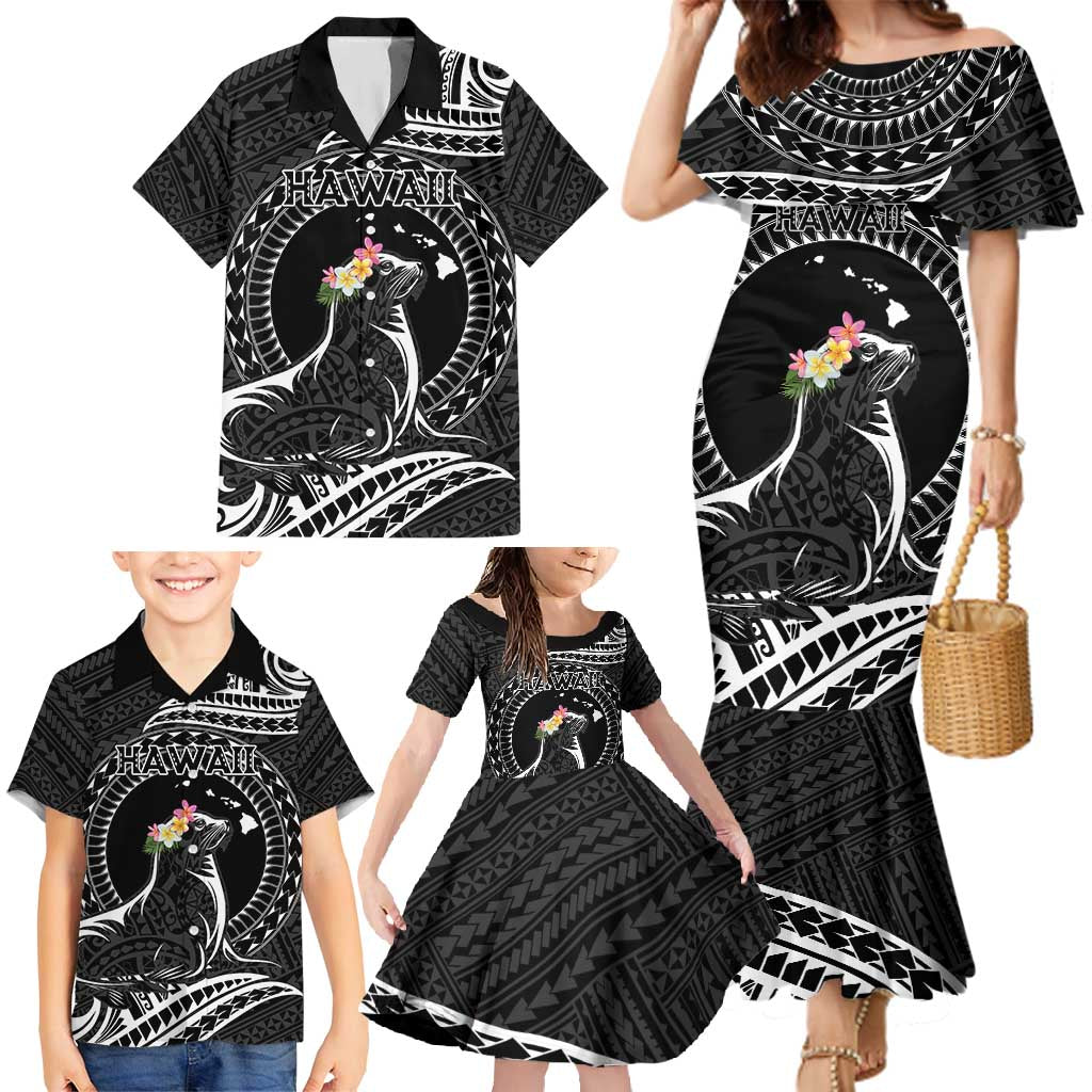 Personalised Hawaii Monk Seal Family Matching Mermaid Dress and Hawaiian Shirt Polynesian Tattoo With Tropical Flowers - Black LT14 - Polynesian Pride