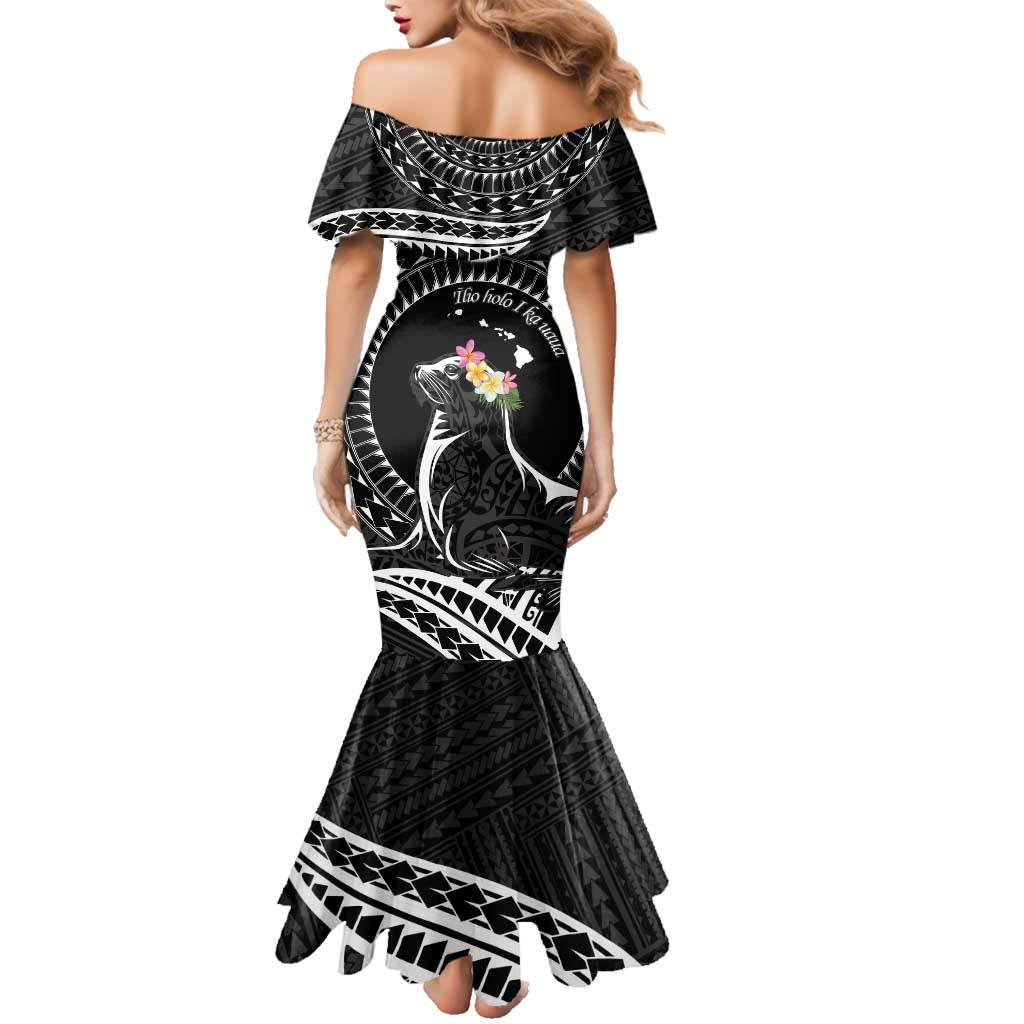 Personalised Hawaii Monk Seal Family Matching Mermaid Dress and Hawaiian Shirt Polynesian Tattoo With Tropical Flowers - Black