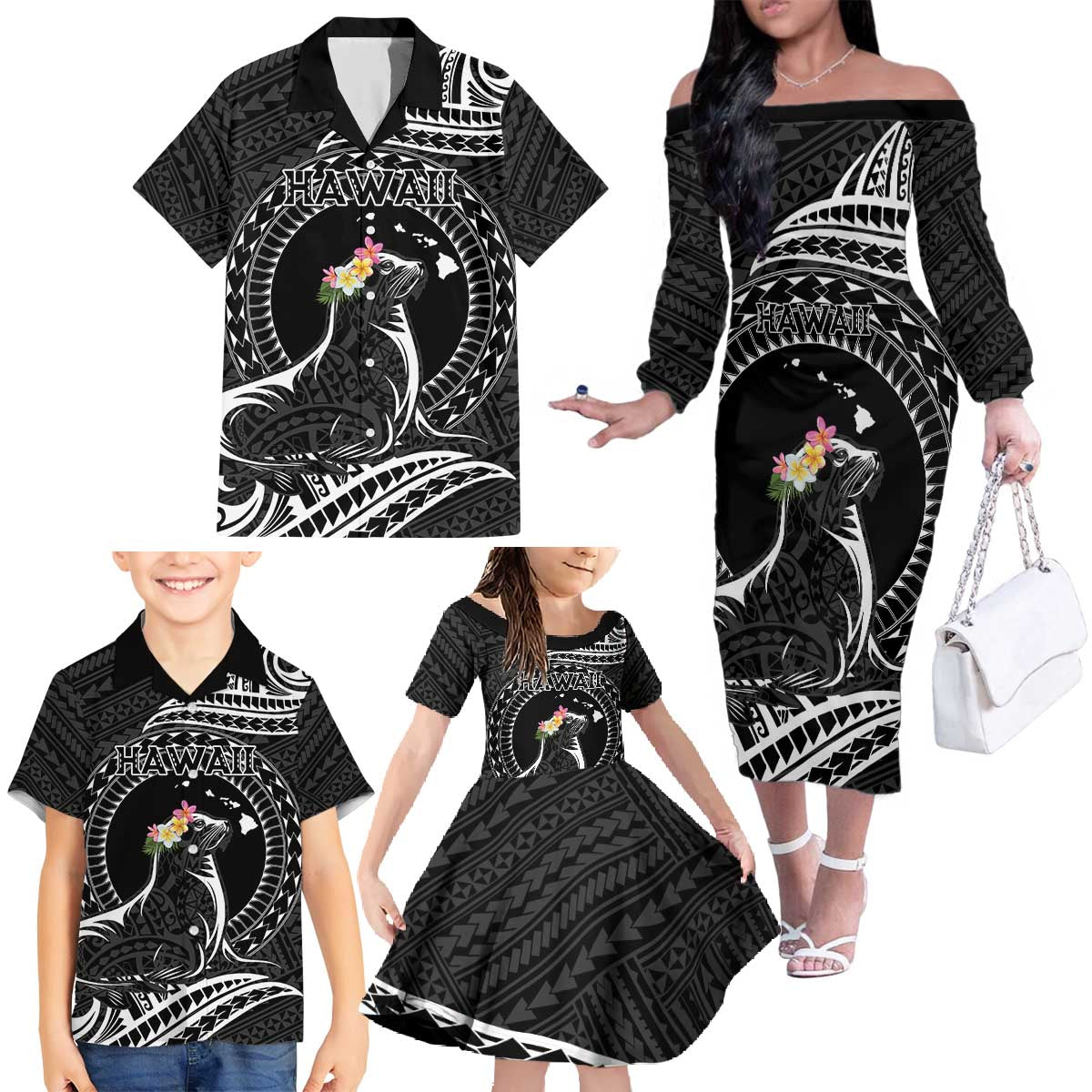 Personalised Hawaii Monk Seal Family Matching Off The Shoulder Long Sleeve Dress and Hawaiian Shirt Polynesian Tattoo With Tropical Flowers - Black