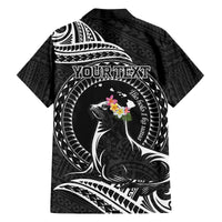 Personalised Hawaii Monk Seal Family Matching Off The Shoulder Long Sleeve Dress and Hawaiian Shirt Polynesian Tattoo With Tropical Flowers - Black