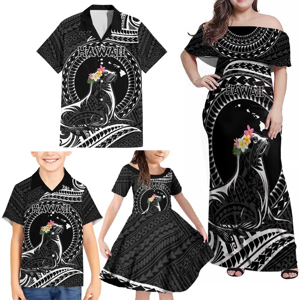 Personalised Hawaii Monk Seal Family Matching Off Shoulder Maxi Dress and Hawaiian Shirt Polynesian Tattoo With Tropical Flowers - Black