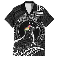 Personalised Hawaii Monk Seal Family Matching Off Shoulder Maxi Dress and Hawaiian Shirt Polynesian Tattoo With Tropical Flowers - Black LT14 Dad's Shirt - Short Sleeve Black - Polynesian Pride