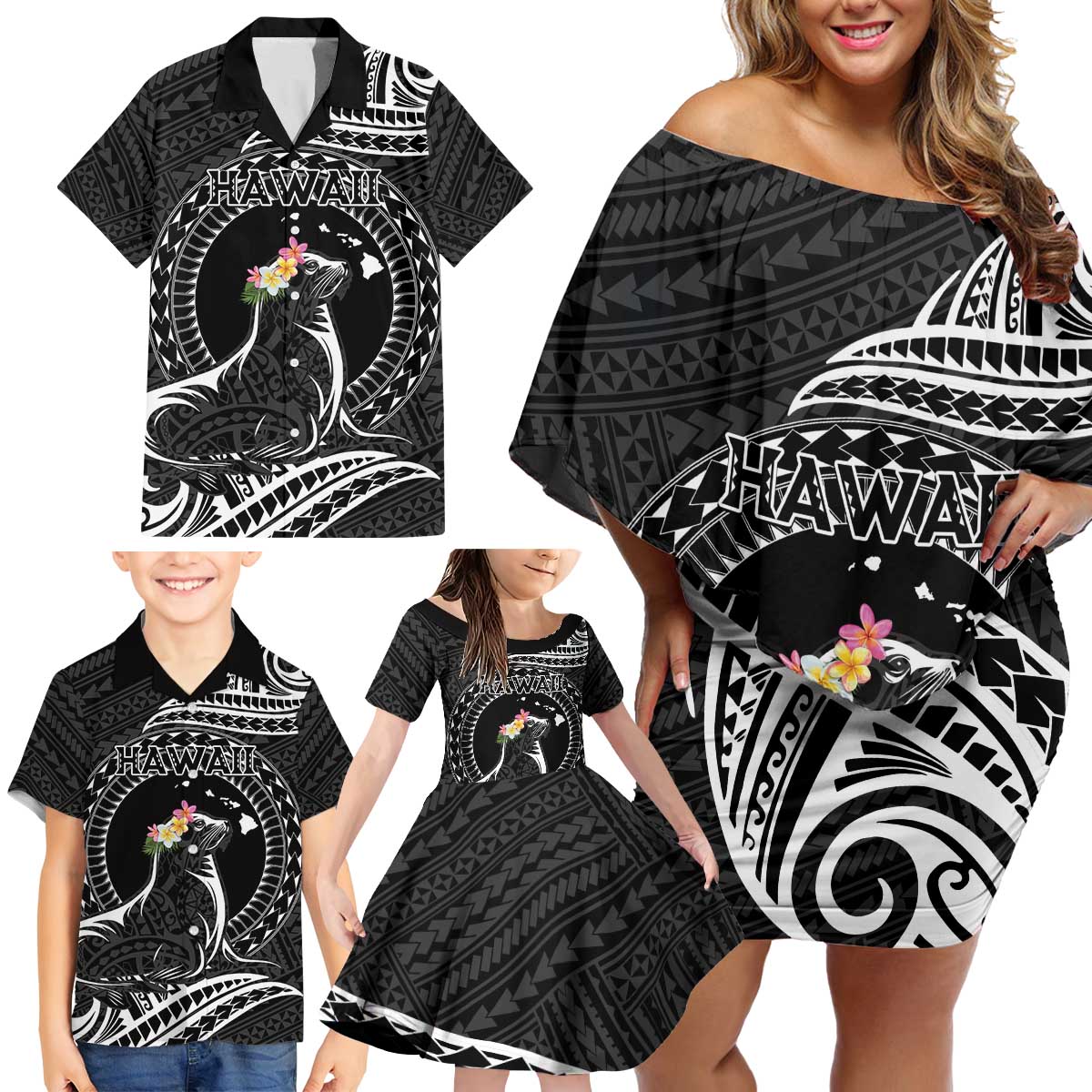 Personalised Hawaii Monk Seal Family Matching Off Shoulder Short Dress and Hawaiian Shirt Polynesian Tattoo With Tropical Flowers - Black