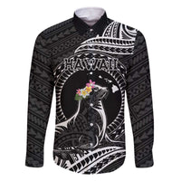 Personalised Hawaii Monk Seal Family Matching Off Shoulder Short Dress and Hawaiian Shirt Polynesian Tattoo With Tropical Flowers - Black