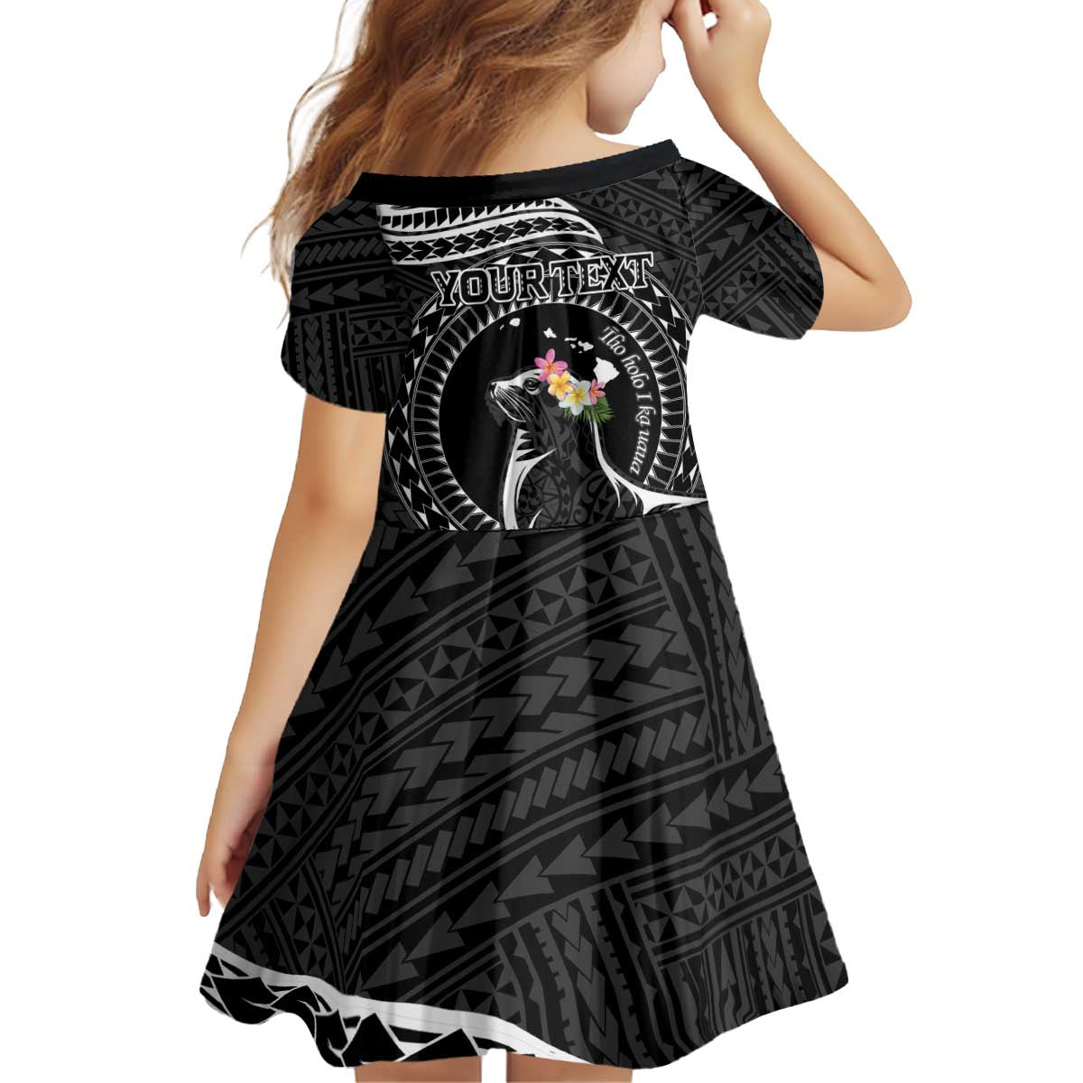 Personalised Hawaii Monk Seal Family Matching Puletasi and Hawaiian Shirt Polynesian Tattoo With Tropical Flowers - Black