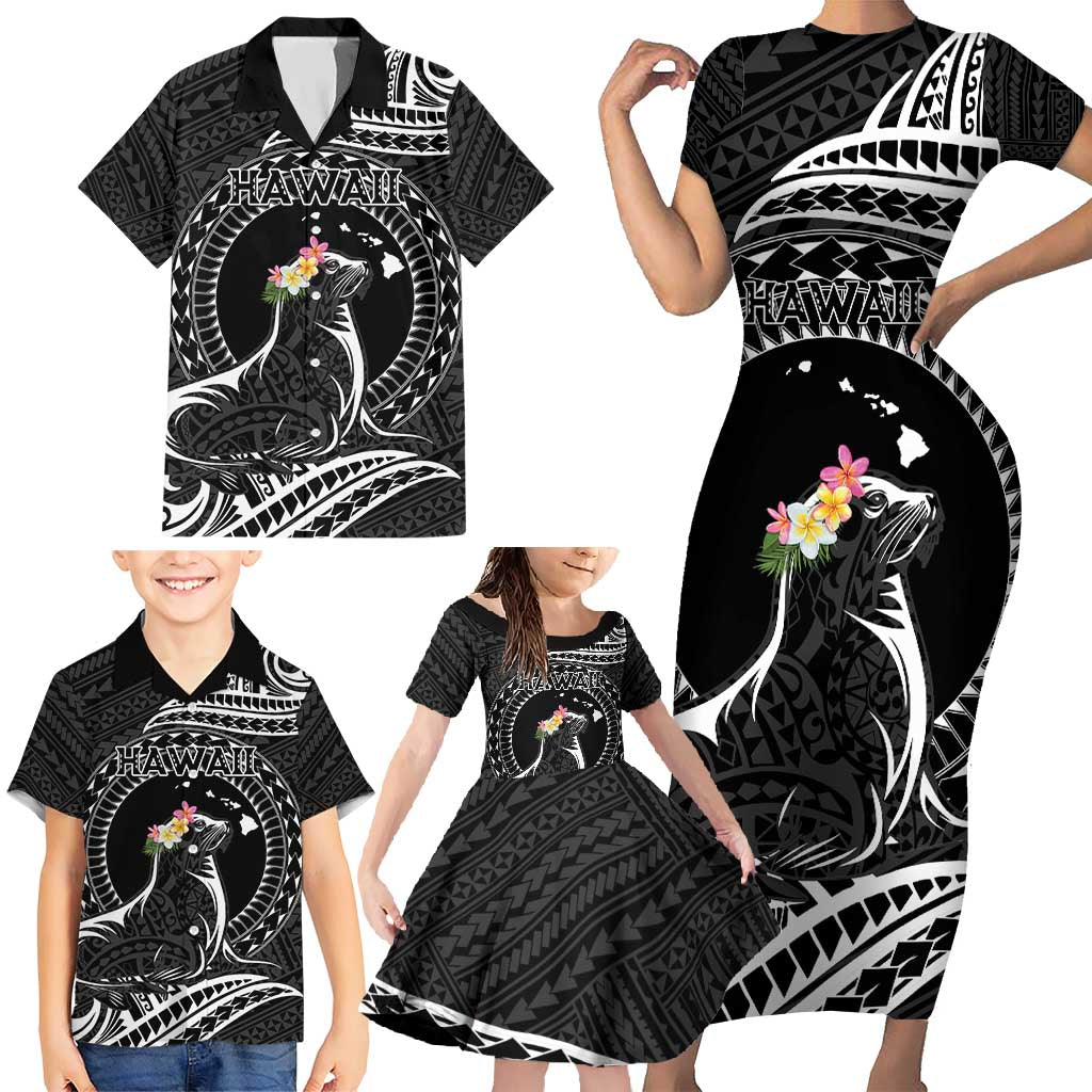 Personalised Hawaii Monk Seal Family Matching Short Sleeve Bodycon Dress and Hawaiian Shirt Polynesian Tattoo With Tropical Flowers - Black