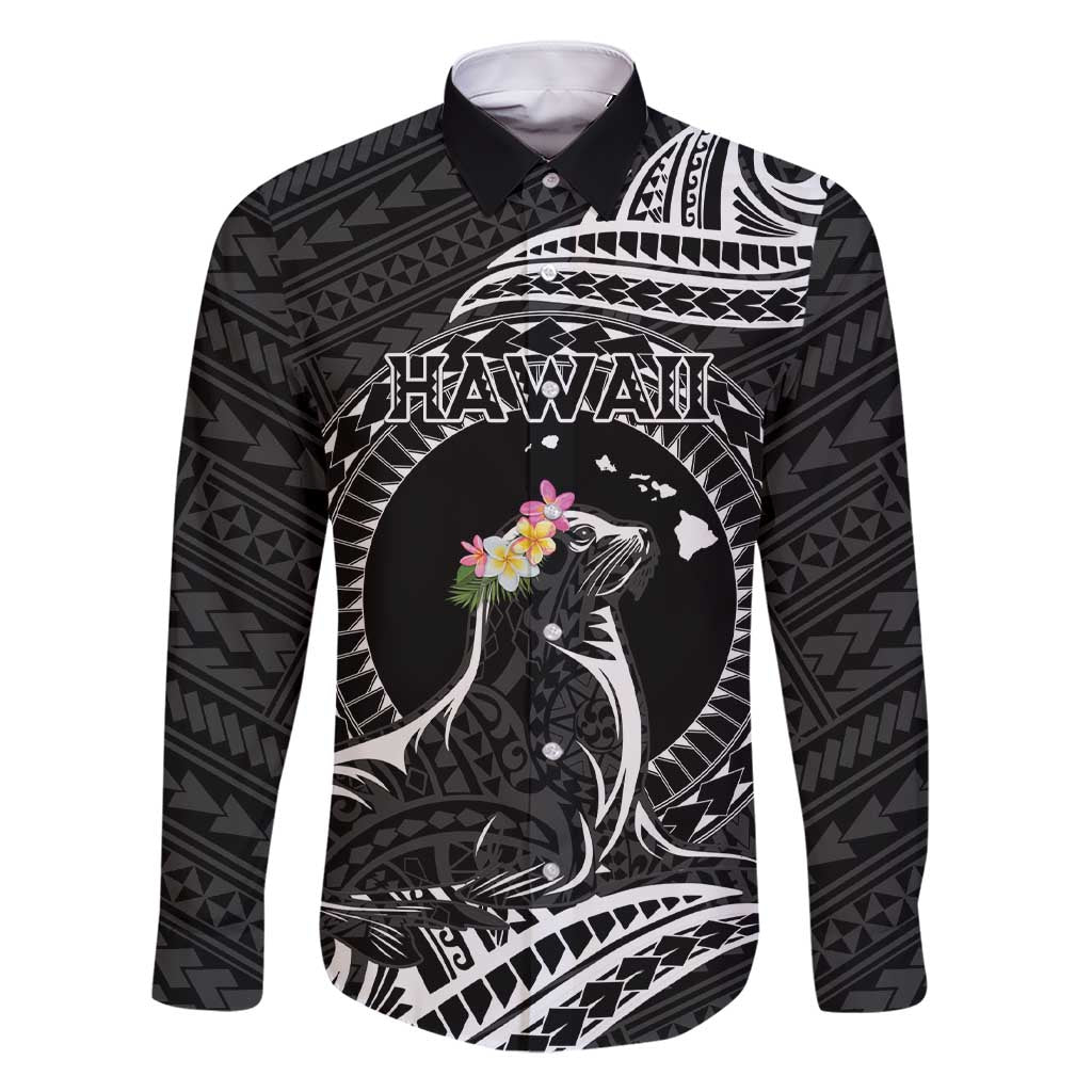Personalised Hawaii Monk Seal Family Matching Short Sleeve Bodycon Dress and Hawaiian Shirt Polynesian Tattoo With Tropical Flowers - Black
