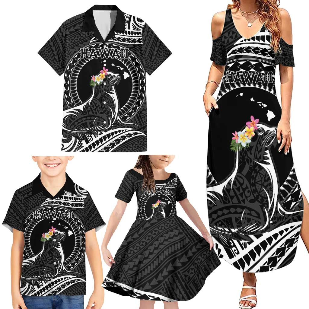 Personalised Hawaii Monk Seal Family Matching Summer Maxi Dress and Hawaiian Shirt Polynesian Tattoo With Tropical Flowers - Black