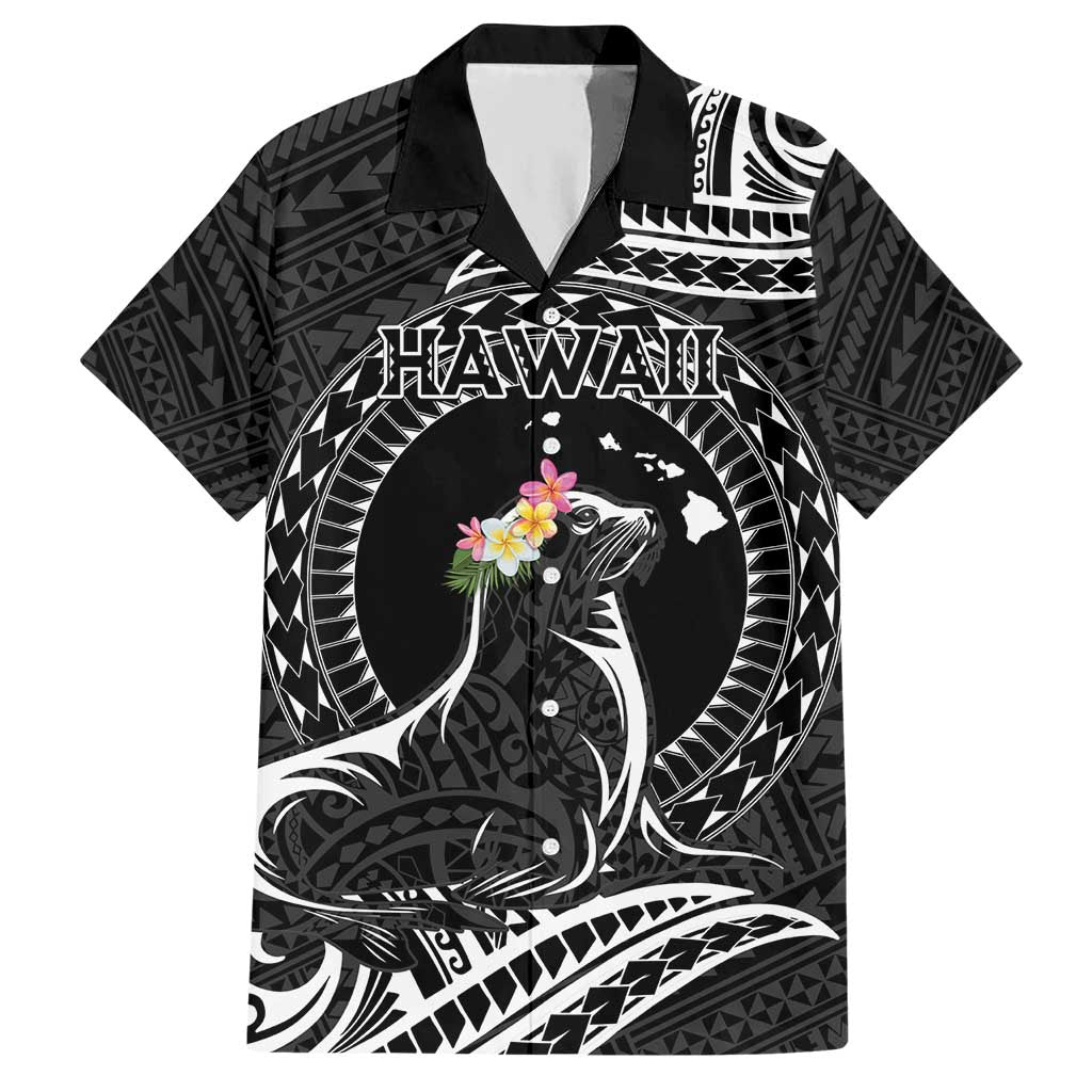 Personalised Hawaii Monk Seal Hawaiian Shirt Polynesian Tattoo With Tropical Flowers - Black LT14 Black - Polynesian Pride