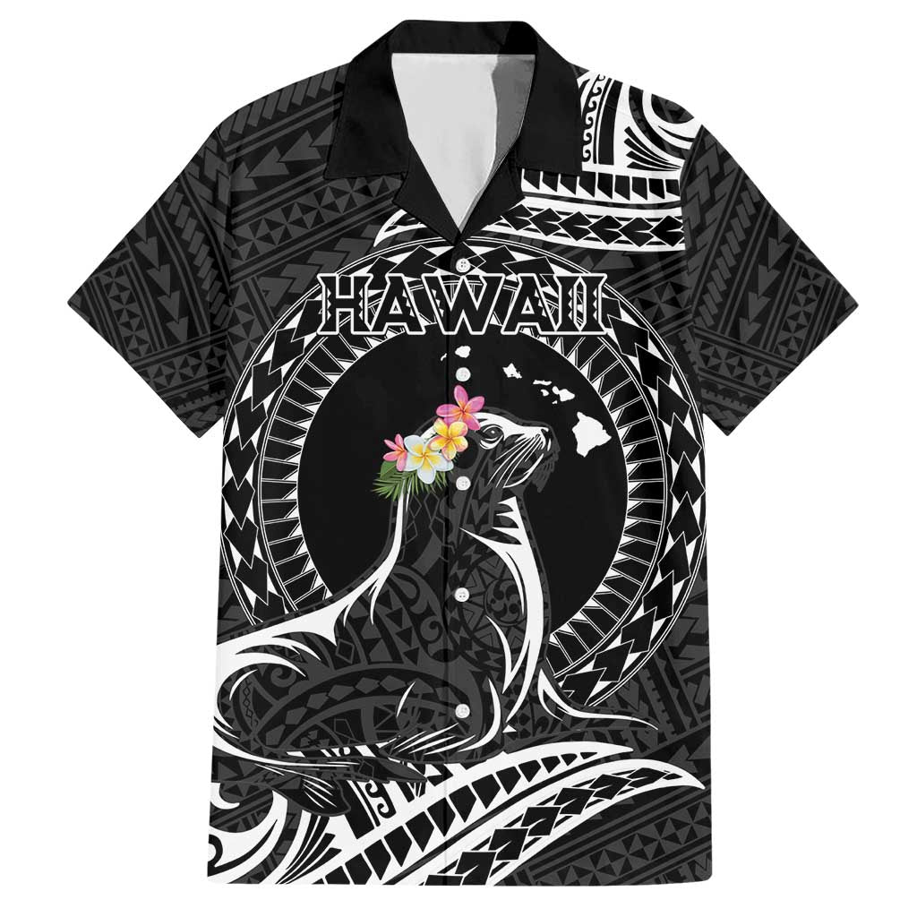 Personalised Hawaii Monk Seal Hawaiian Shirt Polynesian Tattoo With Tropical Flowers - Black