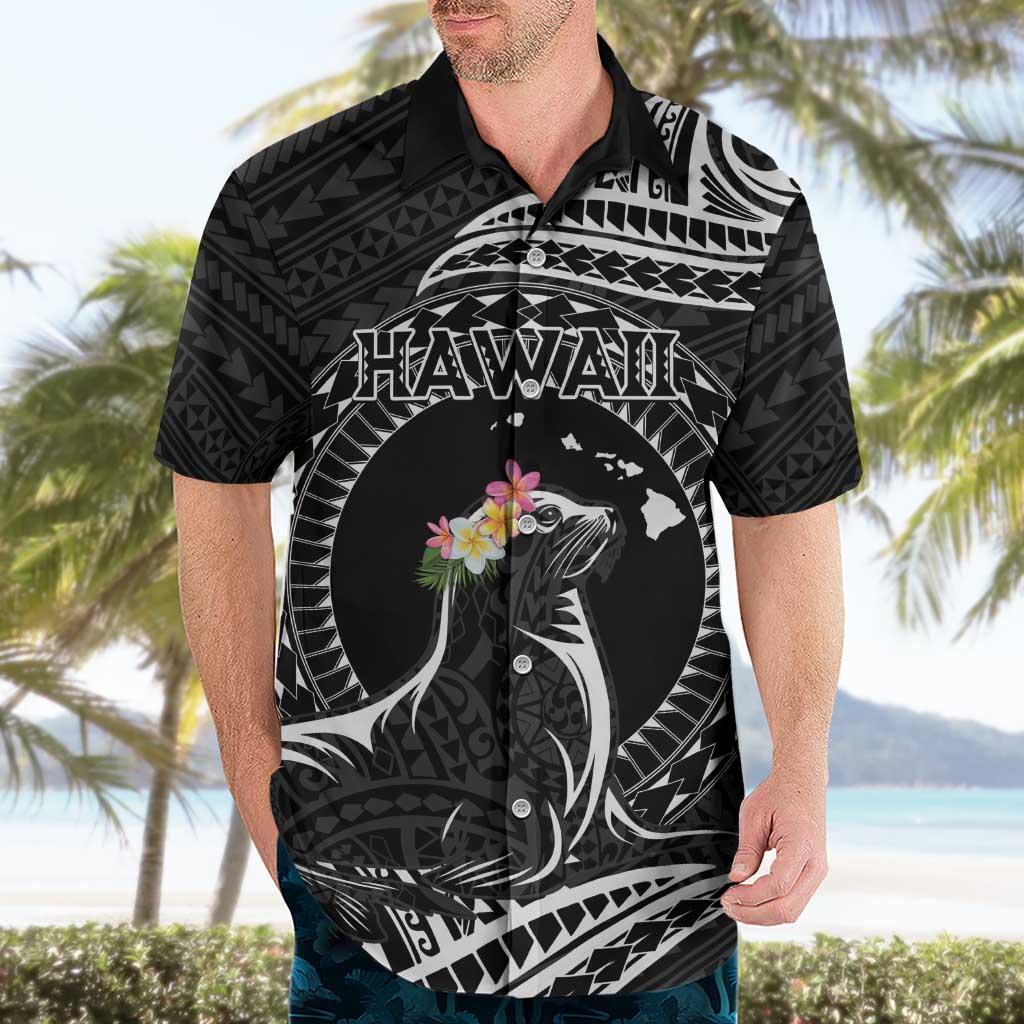 Personalised Hawaii Monk Seal Hawaiian Shirt Polynesian Tattoo With Tropical Flowers - Black LT14 - Polynesian Pride