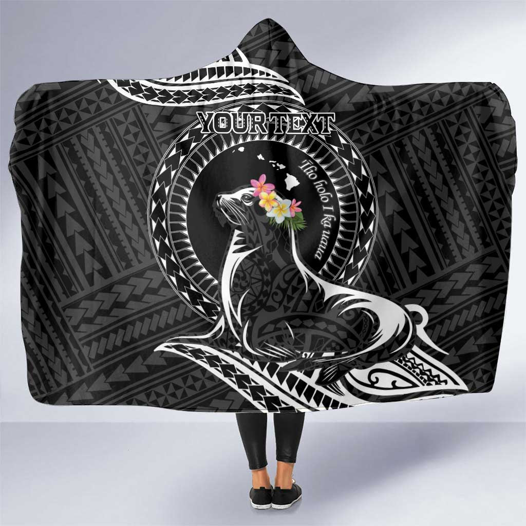 Personalised Hawaii Monk Seal Hooded Blanket Polynesian Tattoo With Tropical Flowers - Black