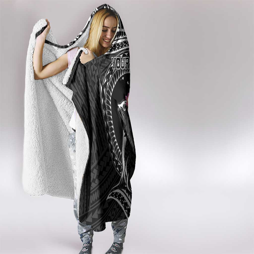 Personalised Hawaii Monk Seal Hooded Blanket Polynesian Tattoo With Tropical Flowers - Black